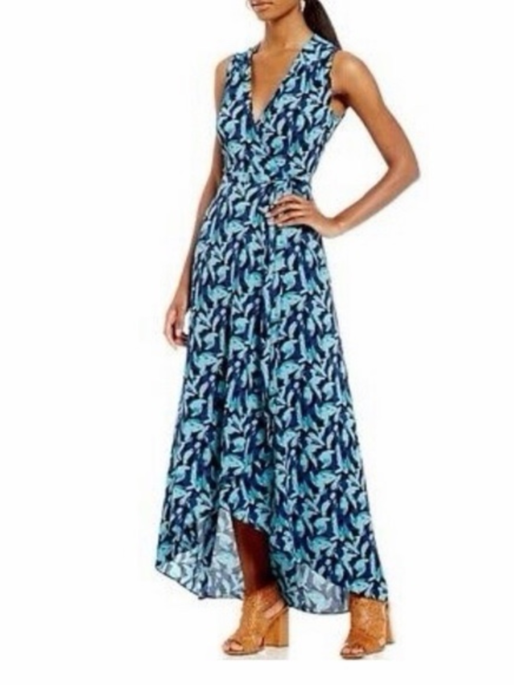 H by Halston Navy and Teal Floral Maxi Wrap Dress | Size XS | NWT